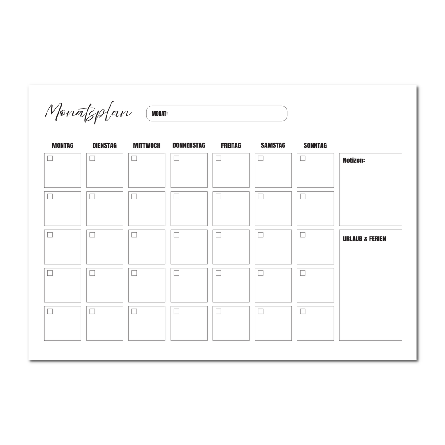 Monatskalender mit Notizen und Urlaub & Notizen