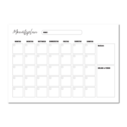 Monatskalender mit Notizen und Urlaub & Notizen