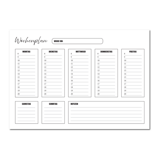 Wochenplan für Unternehmen, Privatpersonen und Organisationstalente mit Zeiten